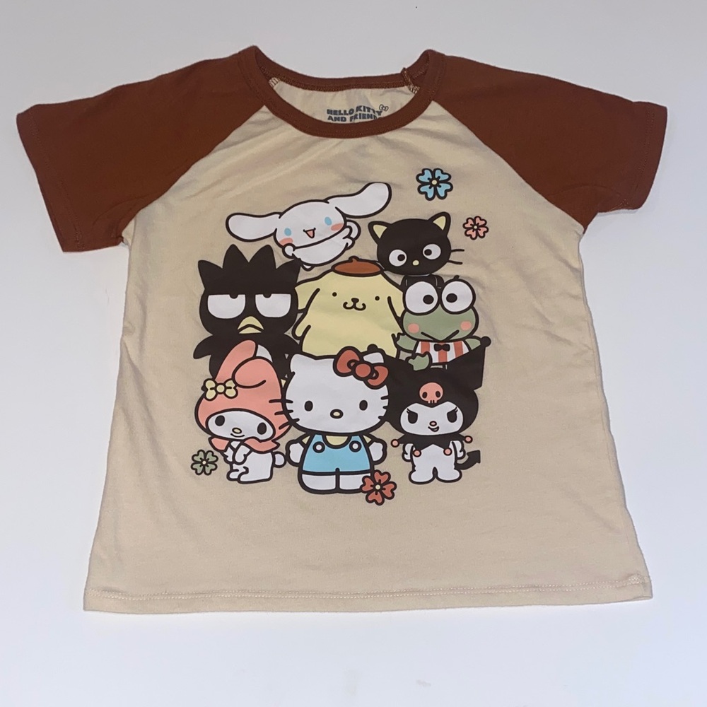 Hello Kitty Cream and Brown Raglan Sleeve Tee with Character Group Graphic